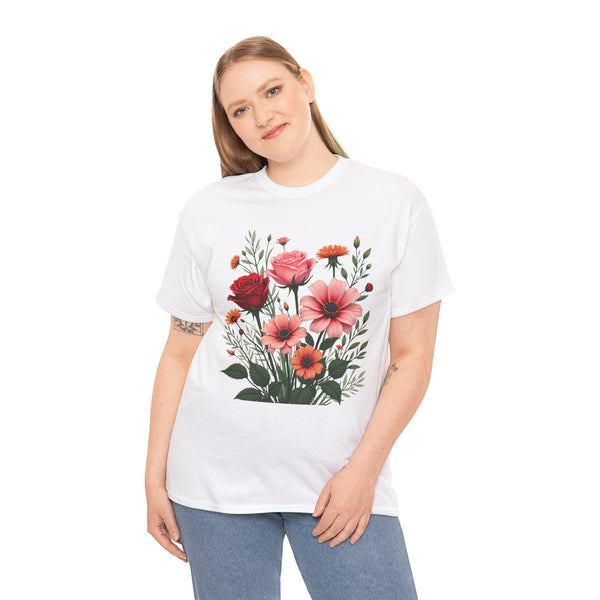 Wildflowers and Pink & Red Roses, Graphic T-Shirts for Women, Floral Shirt, Womens Short Sleeve, Ladies Graphic Tees #5133TTS