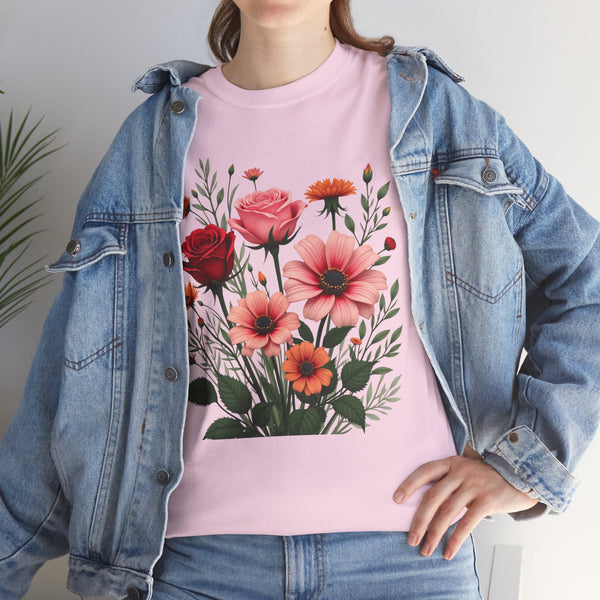 Wildflowers and Pink & Red Roses, Graphic T-Shirts for Women, Floral Shirt, Womens Short Sleeve, Ladies Graphic Tees #5133TTS
