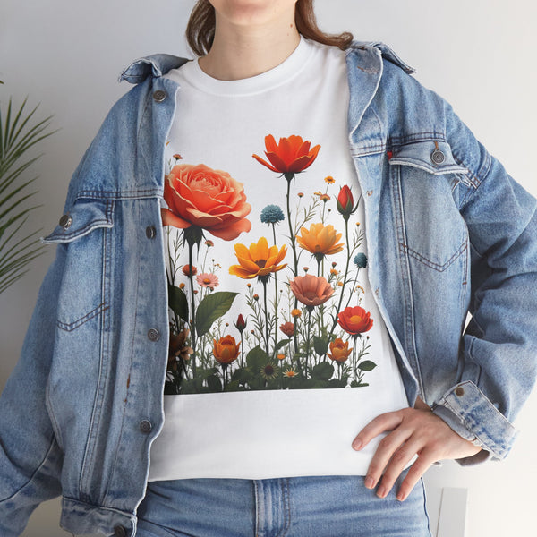 Wildflowers and Orange Roses, Graphic T-Shirts for Women, Floral Shirt, Womens Short Sleeve, Ladies Graphic Tees #5044TTS