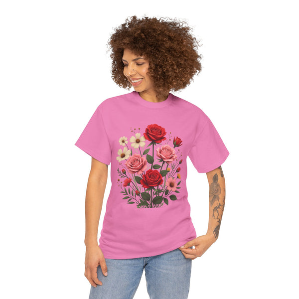 Wildflowers and Pink & Red Roses, Graphic T-Shirts for Women, Floral Shirt, Womens Short Sleeve, Ladies Graphic Tees #5134TTS