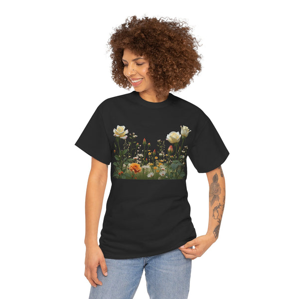 Wildflowers and White Roses, Graphic T-Shirts for Women, Floral Shirt, Womens Short Sleeve, Ladies Graphic Tees #5039TTS