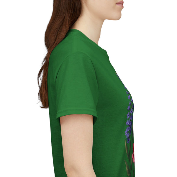 Wildflowers and Pink/Violet Roses, Graphic T-Shirts for Women, Floral Shirt, Womens Short Sleeve, Ladies Graphic Tees #5100TTS