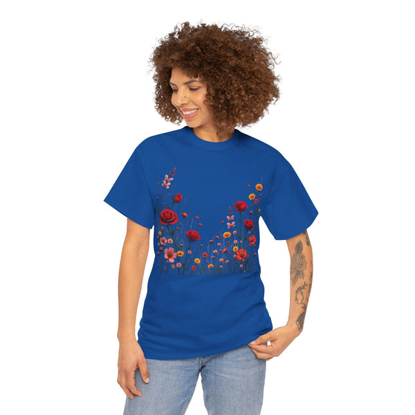 Wildflowers and Red Roses, Graphic T-Shirts for Women, Floral Shirt, Womens Short Sleeve, Ladies Graphic Tees #5033TTS