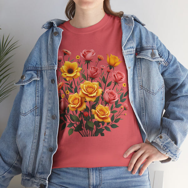 Wildflowers and Pink & Yellow Roses, Graphic T-Shirts for Women, Floral Shirt, Womens Short Sleeve, Ladies Graphic Tees #5139TTS
