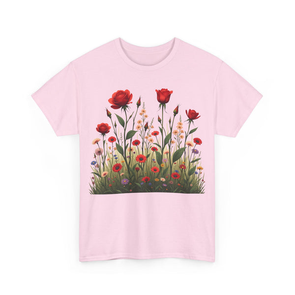 Wildflowers and Red Roses, Graphic T-Shirts for Women, Floral Shirt, Womens Short Sleeve, Ladies Graphic Tees #5032TTS
