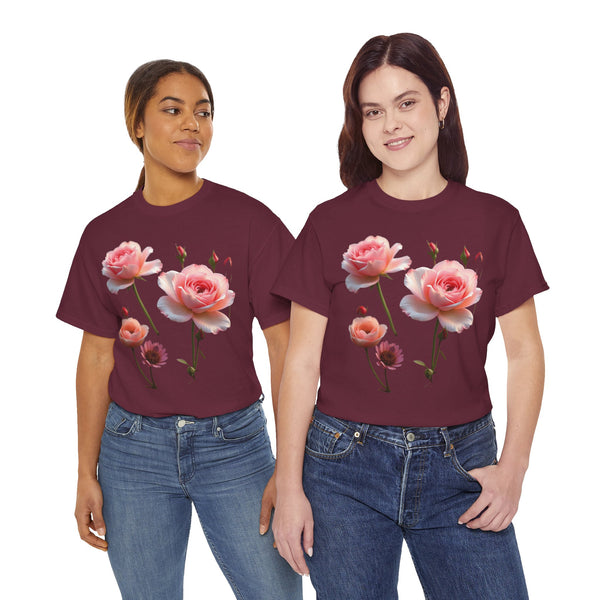 Wildflowers and Pink Roses, Graphic T-Shirts for Women, Floral Shirt, Womens Short Sleeve, Ladies Graphic Tees #5019TTS