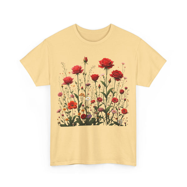 Wildflowers and Red Roses, Graphic T-Shirts for Women, Floral Shirt, Womens Short Sleeve, Ladies Graphic Tees #5035TTS