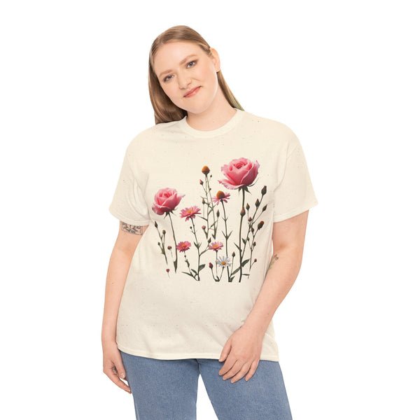 Wildflowers and Pink Roses, Graphic T-Shirts for Women, Floral Shirt, Womens Short Sleeve, Ladies Graphic Tees #5018TTS