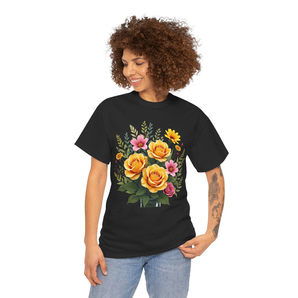 Wildflowers and Yellow Roses, Graphic T-Shirts for Women, Floral Shirt, Womens Short Sleeve, Ladies Graphic Tees #5135TTS