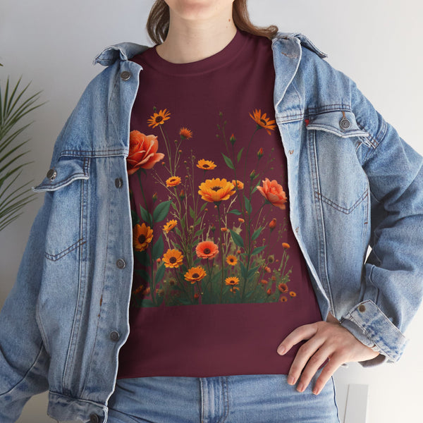 Wildflowers and Orange Roses, Graphic T-Shirts for Women, Floral Shirt, Womens Short Sleeve, Ladies Graphic Tees #5046TTS