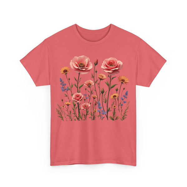 Wildflowers and Pink Roses, Graphic T-Shirts for Women, Floral Shirt, Womens Short Sleeve, Ladies Graphic Tees #5015TTS