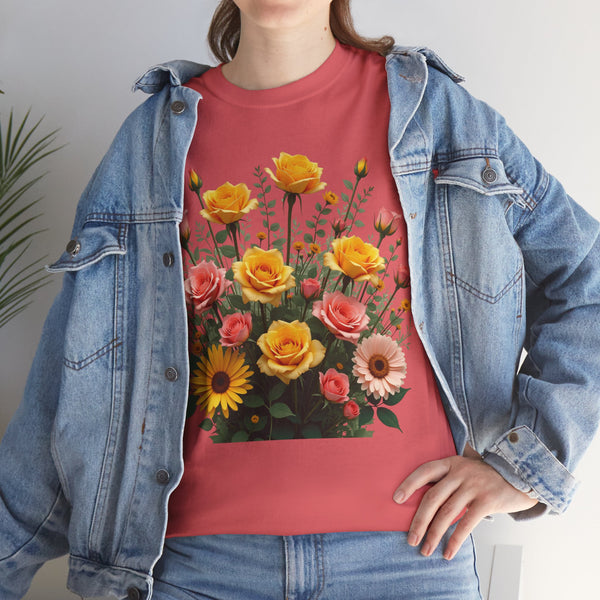 Wildflowers and Pink & Yellow Roses, Graphic T-Shirts for Women, Floral Shirt, Womens Short Sleeve, Ladies Graphic Tees #5141TTS