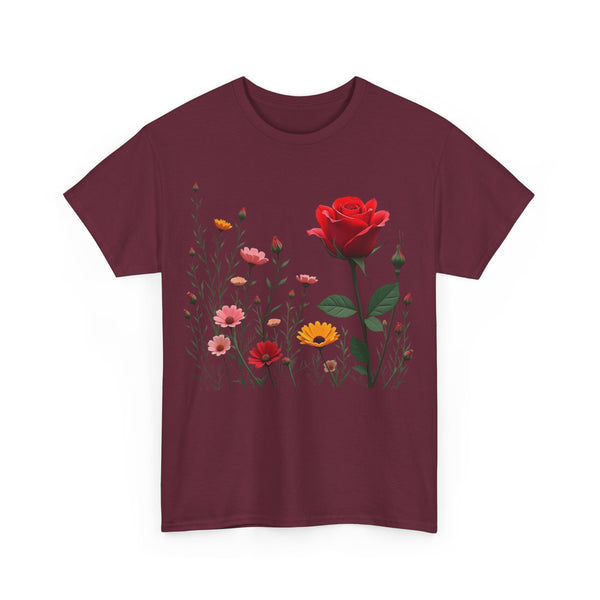 Wildflowers and a Red Rose, Graphic T-Shirts for Women, Floral Shirt, Womens Short Sleeve, Ladies Graphic Tees #5006TTS