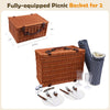 2 brown wicker picnic baskets closed with dimensions and utensils