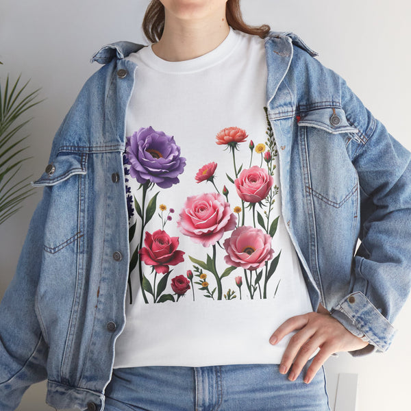 Wildflowers and Pink/Violet Roses, Graphic T-Shirts for Women, Floral Shirt, Womens Short Sleeve, Ladies Graphic Tees #5100TTS