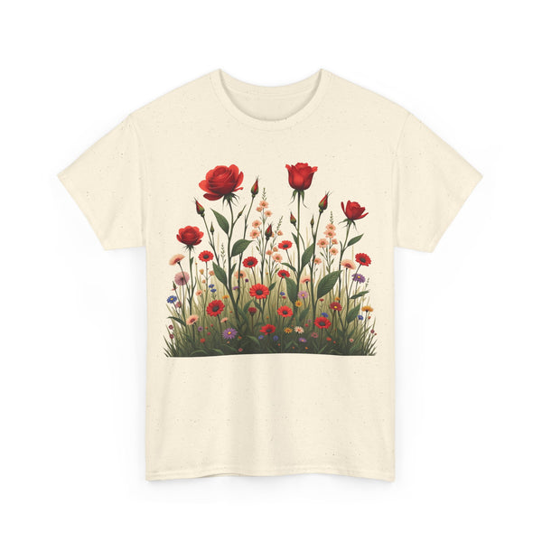 Wildflowers and Red Roses, Graphic T-Shirts for Women, Floral Shirt, Womens Short Sleeve, Ladies Graphic Tees #5032TTS