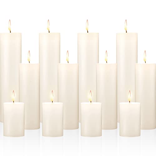 4 Sets 12 Pieces Ivory Pillar Candles Dripless Unscented Candles Paraffin Wax Tall Candles for Relaxation Wedding Spa Birthday Holiday Bath Party Restaurant Home Decor, 2'' x 3'', 2'' x 6'', 2'' x 9''