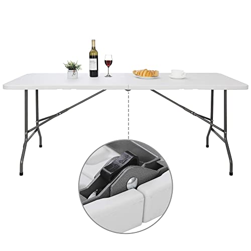 ZenStyle 6 ft Indoor Outdoor Heavy Duty Plastic Folding Table Portable Picnic Table Fold-in-Half Utility Table w/Handle and Steel Legs for Camping, Dining, Party, 71 x 27 Inch, White