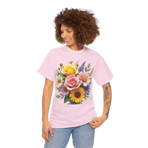 Wildflowers and Pink & Yellow Roses, Graphic T-Shirts for Women, Floral Shirt, Womens Short Sleeve, Ladies Graphic Tees #5145TTS