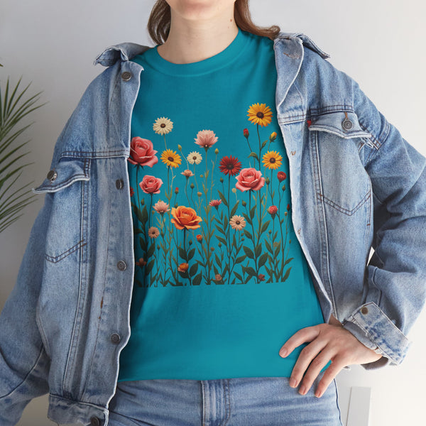 Wildflowers and Pink Roses, Graphic T-Shirts for Women, Floral Shirt, Womens Short Sleeve, Ladies Graphic Tees #5023TTS
