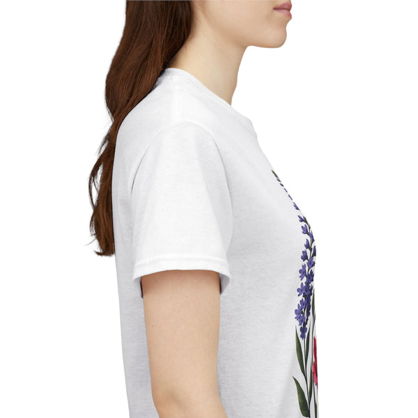 Wildflowers and Pink/Violet Roses, Graphic T-Shirts for Women, Floral Shirt, Womens Short Sleeve, Ladies Graphic Tees #5100TTS