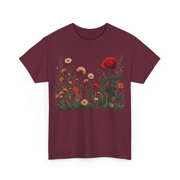 Wildflowers and a Red Rose, Graphic T-Shirts for Women, Floral Shirt, Womens Short Sleeve, Ladies Graphic Tees #5008TTS
