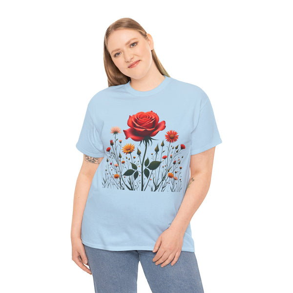 Wildflowers and a Red Rose, Graphic T-Shirts for Women, Floral Shirt, Womens Short Sleeve, Ladies Graphic Tees #5007TTS