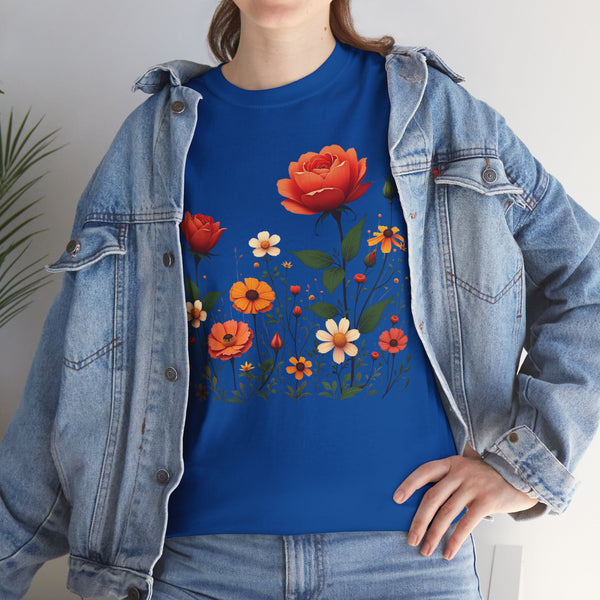 Wildflowers and Orange Roses, Graphic T-Shirts for Women, Floral Shirt, Womens Short Sleeve, Ladies Graphic Tees #5043TTS