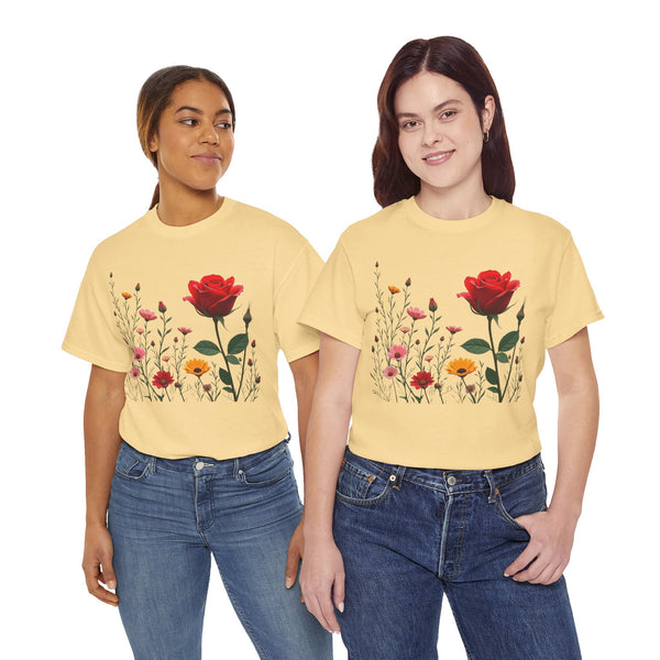 Wildflowers and a Red Rose, Graphic T-Shirts for Women, Floral Shirt, Womens Short Sleeve, Ladies Graphic Tees #5006TTS