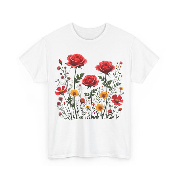Wildflowers and Red Roses, Graphic T-Shirts for Women, Floral Shirt, Womens Short Sleeve, Ladies Graphic Tees #5034TTS