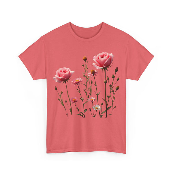 Wildflowers and Pink Roses, Graphic T-Shirts for Women, Floral Shirt, Womens Short Sleeve, Ladies Graphic Tees #5018TTS