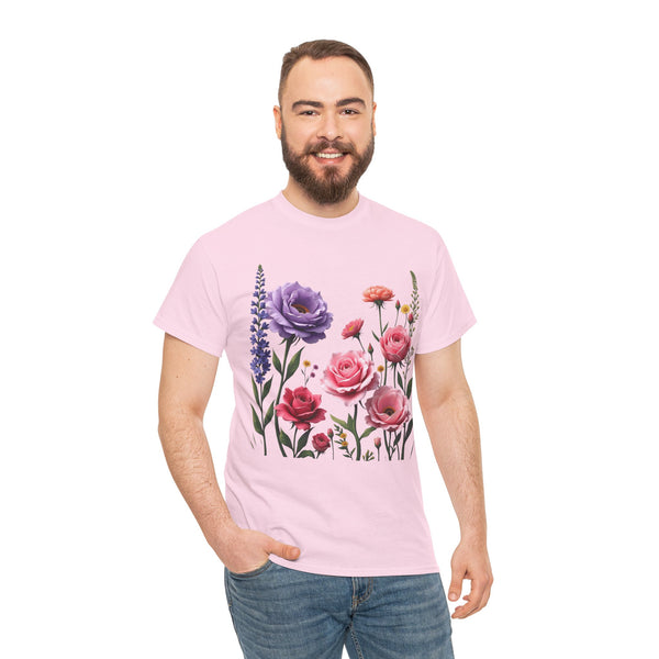Wildflowers and Pink/Violet Roses, Graphic T-Shirts for Women, Floral Shirt, Womens Short Sleeve, Ladies Graphic Tees #5100TTS