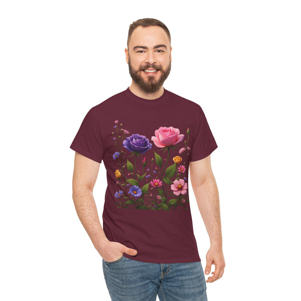 Wildflowers and Pink/Violet Roses, Graphic T-Shirts for Women, Floral Shirt, Womens Short Sleeve, Ladies Graphic Tees #5101TTS