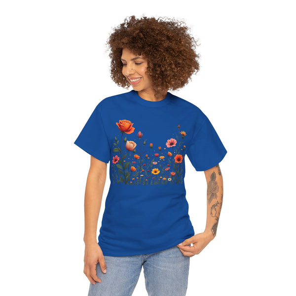 Wildflowers and Orange Roses, Graphic T-Shirts for Women, Floral Shirt, Womens Short Sleeve, Ladies Graphic Tees #5042TTS