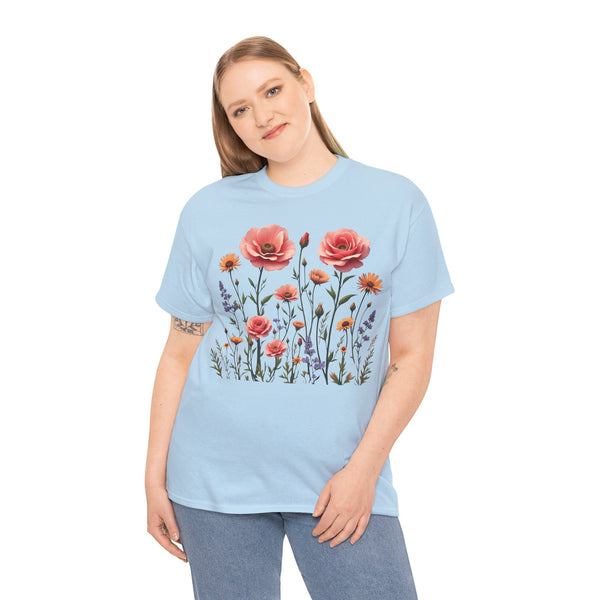 Wildflowers and Pink Roses, Graphic T-Shirts for Women, Floral Shirt, Womens Short Sleeve, Ladies Graphic Tees #5015TTS