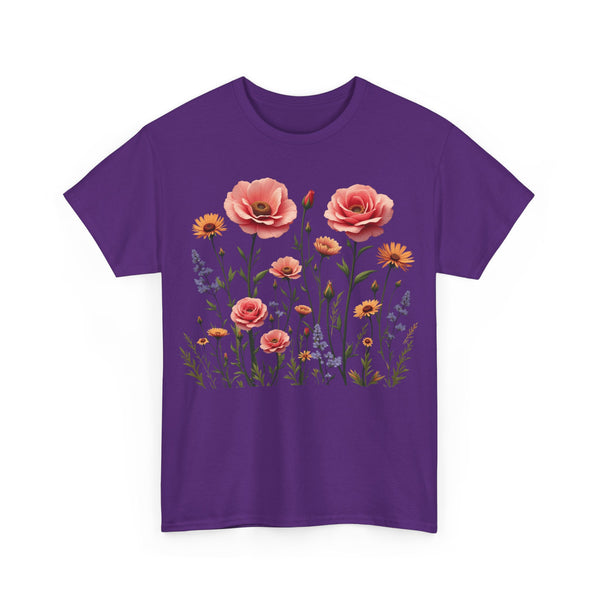 Wildflowers and Pink Roses, Graphic T-Shirts for Women, Floral Shirt, Womens Short Sleeve, Ladies Graphic Tees #5015TTS