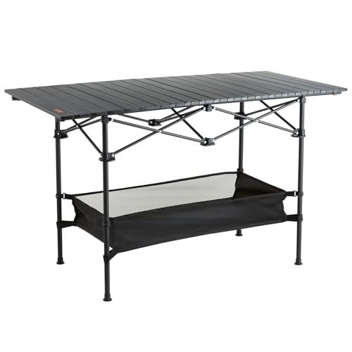 VEVOR Folding Camping Table, Aluminum Ultra Compact Outdoor Portable Fold Up Lightweight Table with Large Storage and Carry Bag, for Beach, Picnic, Travel, Backyard, BBQ, Patio, 45'' x 22'', Black