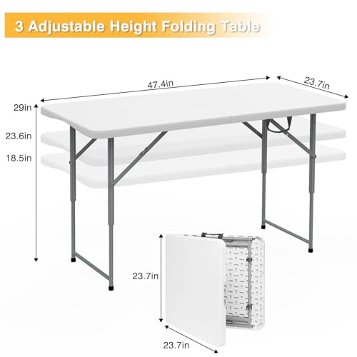 SKOK 330lbs Folding Picnic Table 4/6/8 Foot Adjustable Height, 4/6/8FT Plastic Picnic Table Portable with Handle, Utility Commercial Craft Sewing Card Table with Heavy Duty Frame for Party & Events
