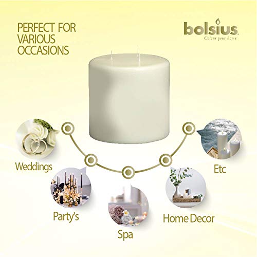 BOLSIUS Three Wick Big Pillar Candle Ivory – 6x6 Inches - Premium European Quality - 75 Hours Burn Time - Relight Unscented Large Pillar Candle - Smooth & Smokeless Flame - Wedding, & Party Candle