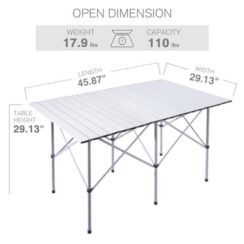 EVER ADVANCED Camping Table, Fold up Lightweight, 4-6 Person Portable Roll up Aluminum Table with Carry Bag for Outdoor, White