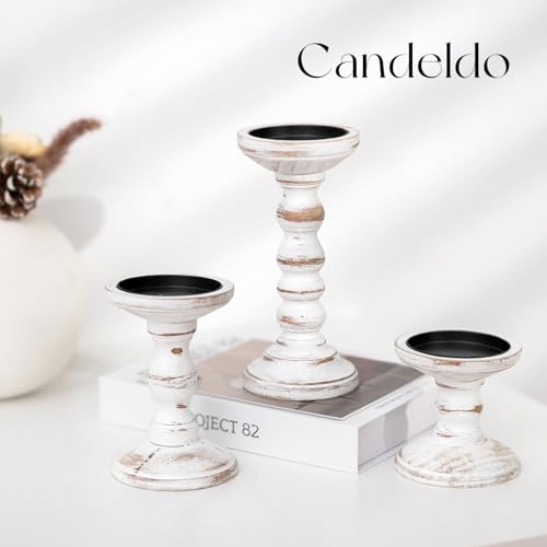 Candeldo Wood Candle Holders for Pillar: Rustic Candles Holder Set of 3 Tall Table Centerpiece Decor Wooden White Farmhouse Candle Stands for Fireplace Mantle Decorations