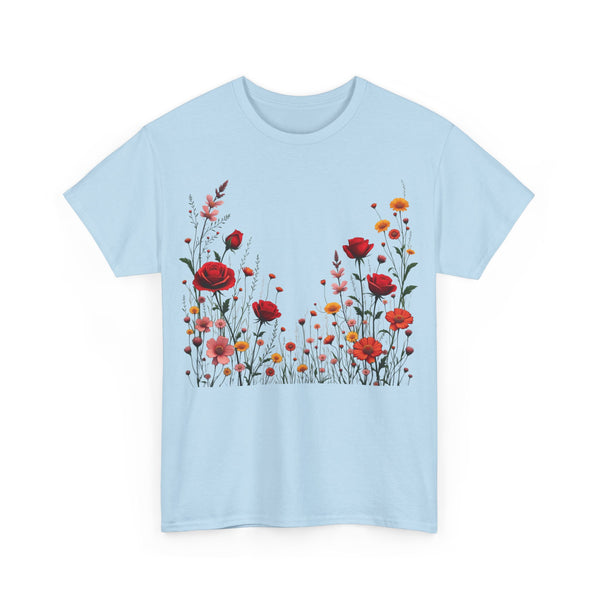 Wildflowers and Red Roses, Graphic T-Shirts for Women, Floral Shirt, Womens Short Sleeve, Ladies Graphic Tees #5033TTS