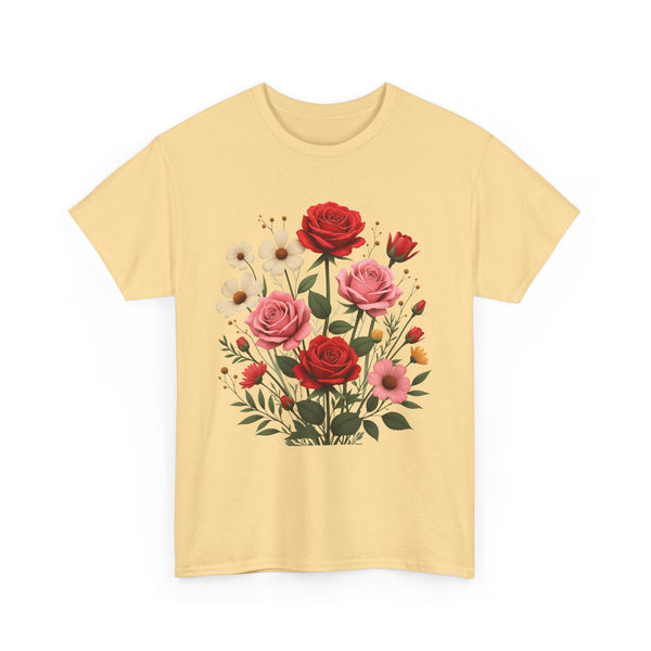 Wildflowers and Pink & Red Roses, Graphic T-Shirts for Women, Floral Shirt, Womens Short Sleeve, Ladies Graphic Tees #5134TTS