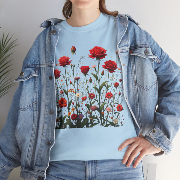 Wildflowers and Red Roses, Graphic T-Shirts for Women, Floral Shirt, Womens Short Sleeve, Ladies Graphic Tees #5035TTS
