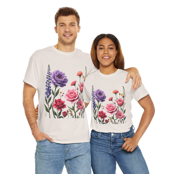 Wildflowers and Pink/Violet Roses, Graphic T-Shirts for Women, Floral Shirt, Womens Short Sleeve, Ladies Graphic Tees #5100TTS