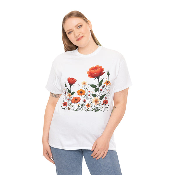 Wildflowers and Orange Roses, Graphic T-Shirts for Women, Floral Shirt, Womens Short Sleeve, Ladies Graphic Tees #5043TTS