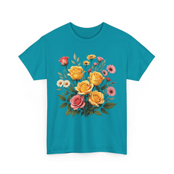 Wildflowers and Pink & Yellow Roses, Graphic T-Shirts for Women, Floral Shirt, Womens Short Sleeve, Ladies Graphic Tees #5137TTS