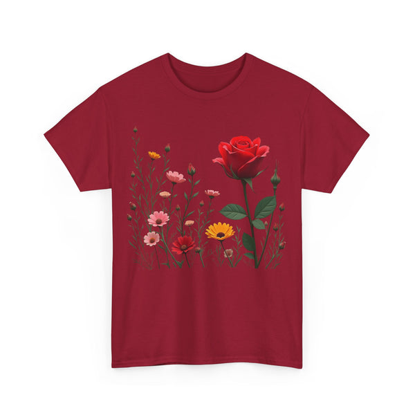 Wildflowers and a Red Rose, Graphic T-Shirts for Women, Floral Shirt, Womens Short Sleeve, Ladies Graphic Tees #5006TTS