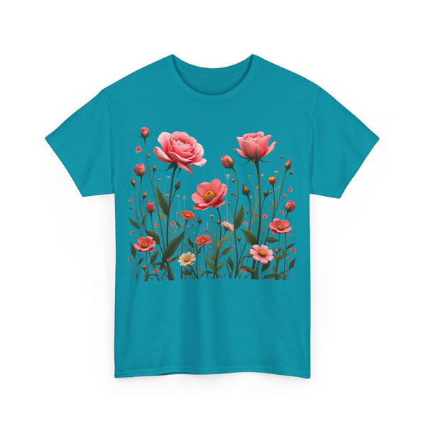 Wildflowers and Pink Roses, Graphic T-Shirts for Women, Floral Shirt, Womens Short Sleeve, Ladies Graphic Tees #5022TTS