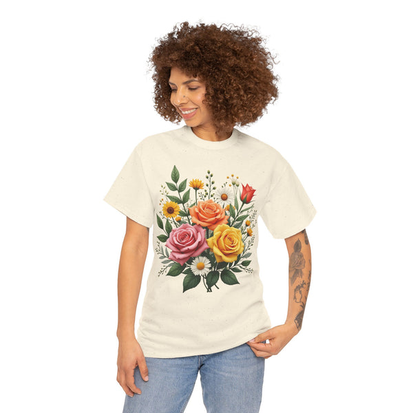 Wildflowers and Pink & Yellow Roses, Graphic T-Shirts for Women, Floral Shirt, Womens Short Sleeve, Ladies Graphic Tees #5144TTS